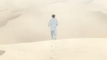 Journal with Witch TV show screenshot 1: Asa Takumi wears a grey sweat suit while she walks through the desert