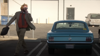 Jury Duty Company Retreat TV show screenshot 3: Dougie Jr. strikes a carefree pose as he exits his car; he carries a briefcase and a vape pen
