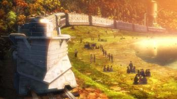 Kabaneri of the Iron Fortress: The Battle of Unato: Groups of passengers sit at the bank of a river. A large train waits on the tracks.