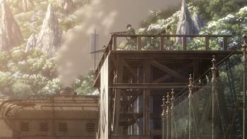 Kabaneri of the Iron Fortress: The Battle of Unato: Soldiers atop a lookout aim guns at an off-screen army.