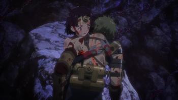 Kabaneri of the Iron Fortress: The Battle of Unato: Mumei embraces a bloodied Ikoma, holding him up from collapsing.
