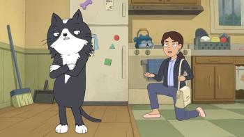 Kevin TV show screenshot 1: Kevin stands in a kitchen with his back to Dana, who holds a purse and is on bended knee, pleading to him