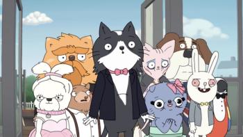 Kevin TV show screenshot 2: Kevin and his fellow animal rescue residents stand in a doorway in formalwear, most of them looking nervous