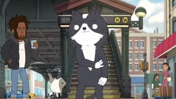 Kevin TV show screenshot 3: Kevin stands in front of a subway stairwell, while humans and a goose mill about in the background