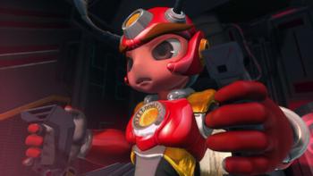 Kibaoh Klashers TV show screenshot 1: An animated beetle wearing red racing gear site inside a vehicle with his hands on the controls