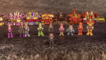 Kibaoh Klashers TV show screenshot 2: Ten animated bugs wearing racing gear stand in front of a row of various colorful vehicles