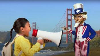 Kids Pick The President TV show screenshot 1: Young girl with a ponytail yells thr a megaphone in front of a bridge. A cutout of Uncle Sam looks on.