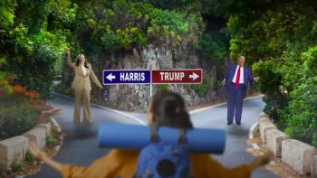 Kids Pick The President TV show screenshot 3: Kamala Harris and Donald Trump stand in opposite ends of a crossroad. 