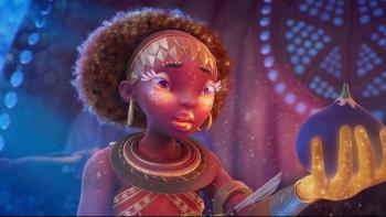 A Black female character holds a mysterious object. 