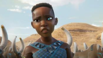 A Black female character stands longingly in a field full of horned creatures. 