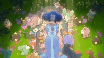 Knights of Guinevere TV show screenshot 1: Guinevere lies on a stone slab as if dead, like Snow White. Forest animals surround her.