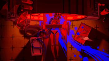 Knights of Guinevere screenshot 2: Guinevere lies on an operating table, broken. In a mostly red image, blue "blood" runs from her to the floor.