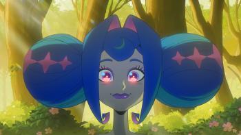 Knights of Guinevere TV show screenshot 3: Close-up of Guinevere's face. She's in a forest, sunlight shining on her from behind.