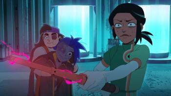 Knights of Guinevere TV show screenshot 4: Andi wields an electrified baton to defend a beat-up Frankie, who's dragging a broken Guinevere android.