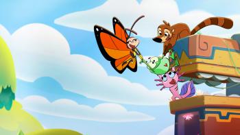 Koati TV show screenshot: a butterfly, axolotl, and coati work together helping a frog get a boost onto colorful blocks.