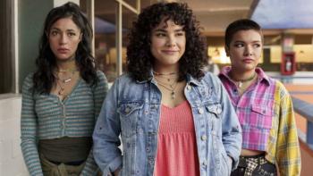 La flor mas bella/The Most Beautiful Flower TV show screenshot 1: Three teen girls stand together; one looks happy, the others apprehensive