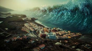 An enormous ocean wave looms over an entire town