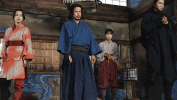 Last Samurai Standing TV show screenshot 1: Iroha Kinugasa, Shujiro Saga, Futaba Katsuki, and Kyojin Tusege