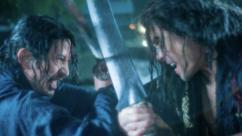 Last Samurai Standing TV show screenshot 3: Shujiro Saga in sword combat with Bukotsu