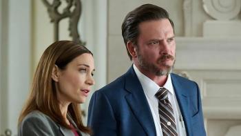 Law & Order Toronto: Criminal Intent: Kathleen Munroe and Aden Young question someone off-camera. 