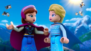 Lego Disney Frozen Operation Puffins TV: Anna and Elsa talk in front of a blue mountain sky with puffin birds flying around.
