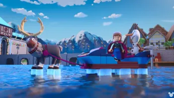 Lego Disney Frozen Operation Puffins TV: Sven pulls a sleigh carrying Anna and Olaf floating on a river in front of the Arendelle castle.