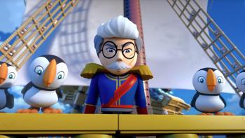 Lego Disney Frozen Operation Puffins TV: The Duke of Weselton looks furious from inside a flying boat with his puffin minions standing next to him.
