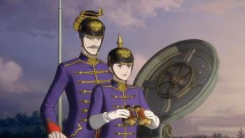 Leviathan TV Show: Prince Alek and Ernst Volger stand halfway out of a war tank, looking at something in the distance