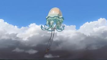 Leviathan TV Show: Deryn Sharp is carried in flight by a gigantic jellyfish creature