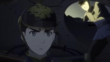 Leviathan TV Show: Prince Aleksandar sits inside of a tank, staring intently while Hoffman looks to him during battle