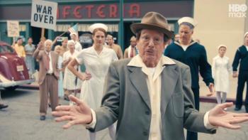 Life, Larry and the Pursuit of Unhappiness screenshot 1: David, dressed in WWII-era clothing, gestures helplessly during the 1946 U.S. Victory Parade