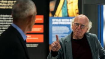 Life, Larry and the Pursuit of Unhappiness screenshot 2: Larry David gestures warningly at Barack Obama, who has his back turned on the camera