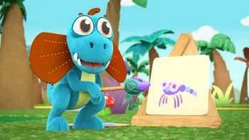 L'il Stompers TV: Chase, a blue velociraptor, stands proudly next to their painting of a purple dragonfly