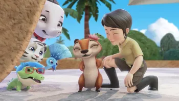 Lil Wild TV: Wobi, Meep, and Rara watch from the left as Suzie kneels to pet a smiling Kokeko.