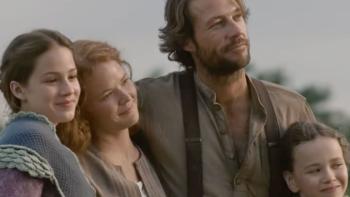 Little House on the Prairie TV show: Charles puts his arms around Caroline, Mary, and Laura as the family looks out on the prairie horizon
