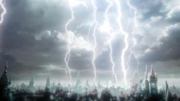 Lord of Mysteries TV Show: A gloomy and severe lightning and thunderstorm is shown over the town 