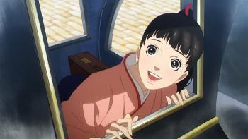 Love Through a Prism TV show screenshot 1: Lili, wearing a kimono, leans outside a train window and looks up happily at the sky.