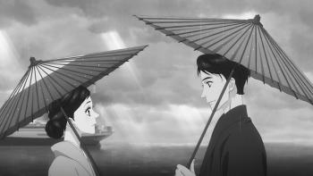 Love Through a Prism TV show screenshot 5: Lili and Shin face each other. They're in Japan and wear traditional clothing and hold umbrellas.