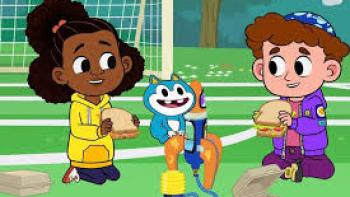 When We Met Stu TV show screenshot: A young Black girl and a young white boy wearing a yarmulke sit with a blue cat on a soccer field