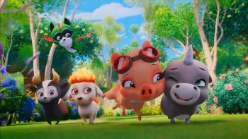 Magicampers TV show screenshot 1: (Left to Right) Bodhi, Fifi, Darly and Loomies run together smiling; Dracoon watches them flying above.