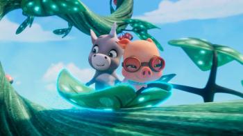 Magicampers TV show screenshot 2: Loomies and Darly ski down a giant plant on top of a magical leaf.