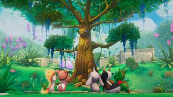 Magicampers TV show screenshot 4: Fifi, Darly, Loomies, Bodhi and Dracoon have their back to camera, watching Treena, the nature spirit camp leader.