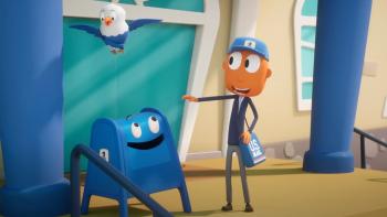 Mail With Mr. ZIP TV: Mr. Zip outside the post office with his friends B. Franklin, the eagle, and Farley, a blue collection box.
