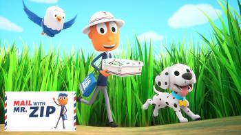 Mail With Mr. ZIP TV: Mr. Zip runs with a package in his hands between green fields, following a small dalmatian. B. Franklin flies above them.