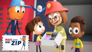 Mail With Mr. ZIP TV: Mr. Zip watches as Liza and Iverton deliver a back-to-school package to Grandma