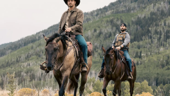 Marshals TV show screenshot 1: Kayce Dutton leads Pete Calvin on horseback.