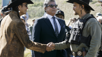 Marshals TV show screenshot 3: Kayce Dutton shaking hands with Mo and standing next to Thomas Rainwater.