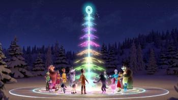 Masha and the Bear The Legend of the 12 Months TV: Characters stand in a circle holding hands around a colorful magical Christmas-tree shaped wand.