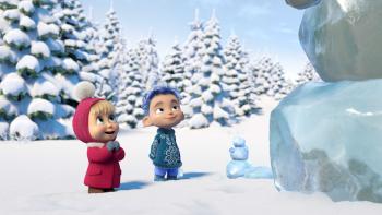 Masha and the Bear The Legend of the 12 Months TV: Toddlers Masha and January stand in outside in the snow, looking at ice-shaped snowman.