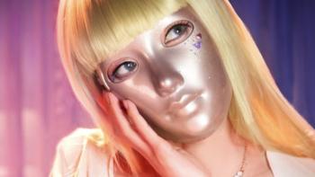 Mask Girl TV show screenshot 1: Woman in gold mask and blonde wig leans her face in her hand. 